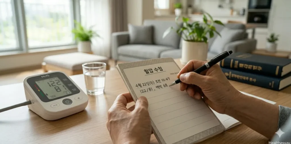 수기로 혈압 일지를 작성하며 수치를 꼼꼼하게 기록하는 모습