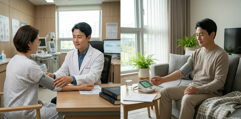 병원과 집의 환경 차이를 통해 혈압 변화 원인을 시각화한 모습