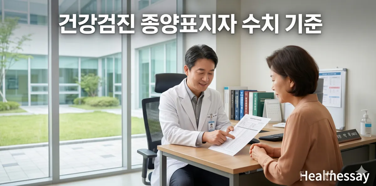 건강검진 종양표지자 수치 기준 확인하며 상담하는 모습