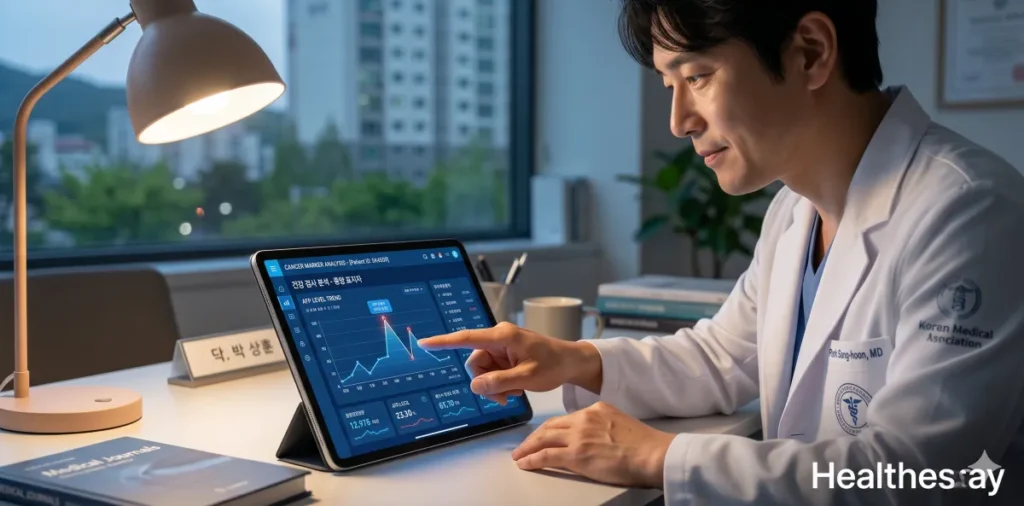 종양표지자 수치 높음 데이터 차트를 분석하는 의료진의 모습