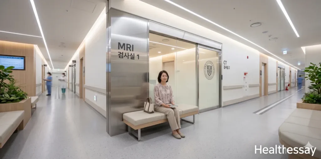 MRI 검실실 앞에서 정밀 검사를 받기 위해 차분하게 대기하고 있는 여성의 모습