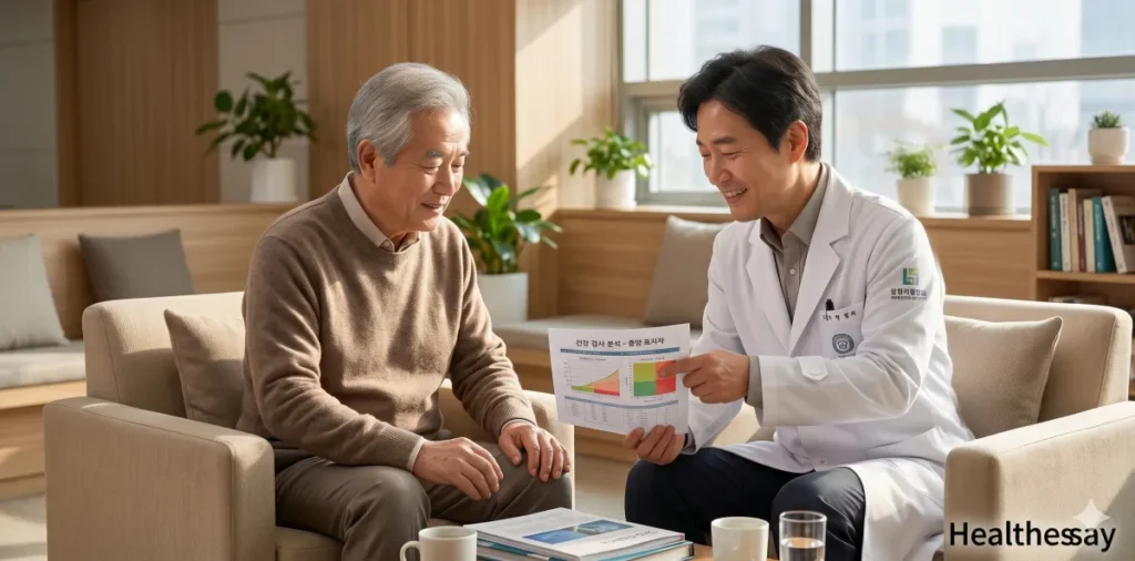 전문의에게 검사 결과에 대한 궁금증을 묻고 상세한 조언을 듣는 중년 남성의 모습