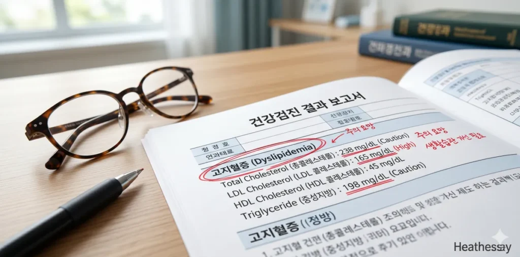 건강검진 결과지에 이상지질혈증으로 판정되어 있는 모습