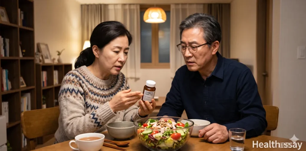 중성지방 낮추는 법을 실천하는 식단을 준비한 가족의 모습