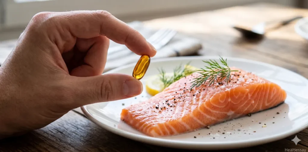 중성지방 수치 낮추는 연어와 함께 놓인 오메가3 캡슐의 모습