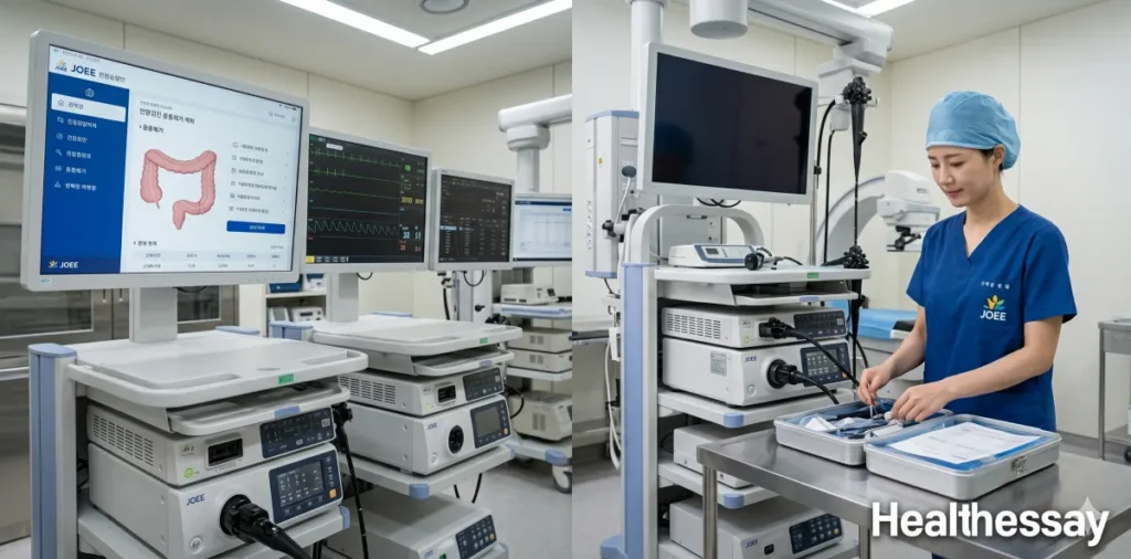 내시경실에서 의료진이 건강검진 당일 용종 제거 시술 준비를 마친 모습