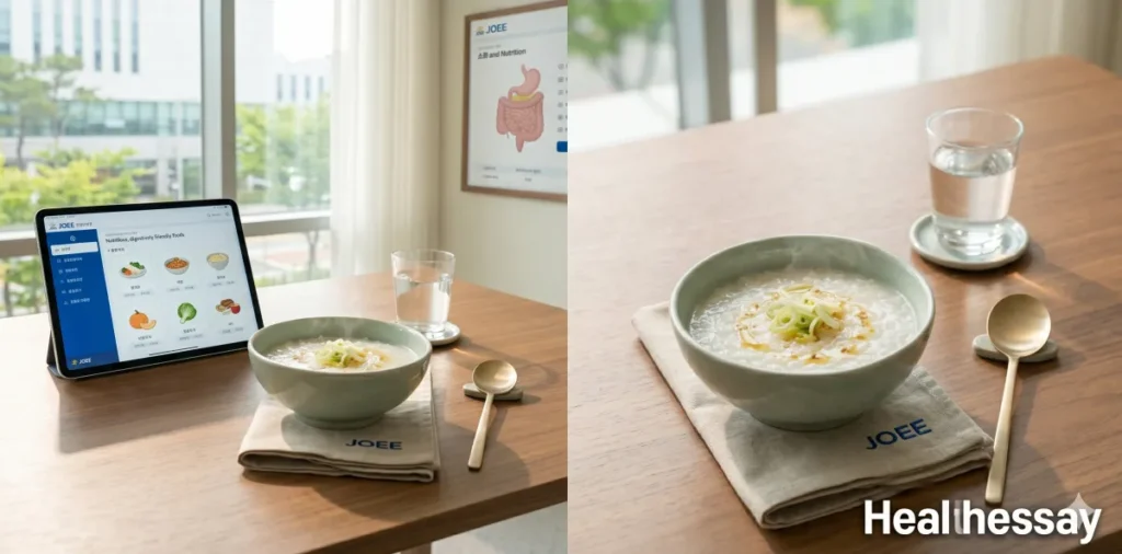 테이블 위에 소화하기 쉬운 부드러운 죽이 차려진 모습