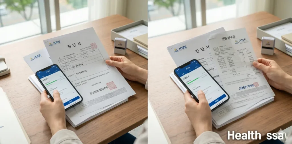 용종 제거 수술비 보험금 청구에 필요한 영수증과 진단서를 꼼꼼히 살피는 모습