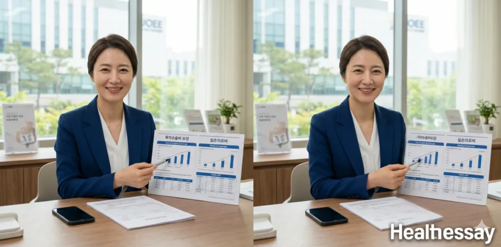 전문가가 실비와 수술비 특약의 중복 보상 규정을 설명하는 모습