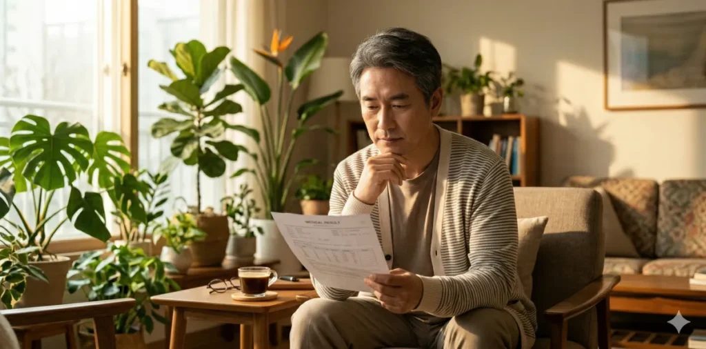 거실에 앉아 국가건강검진 결과지를 꼼꼼히 읽어보는 남성 모습