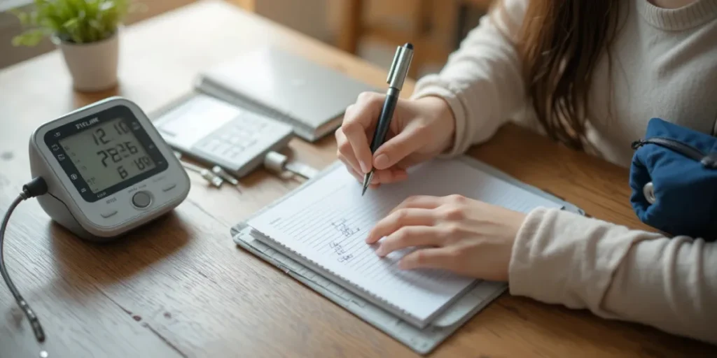 디지털 혈압계 옆에서 노트에 체크리스트를 작성하는 모습