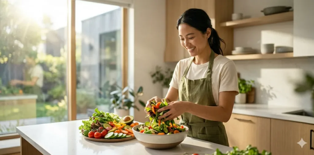 주방에서 신선한 채소로 저염식 식단을 준비하는 여성 모습