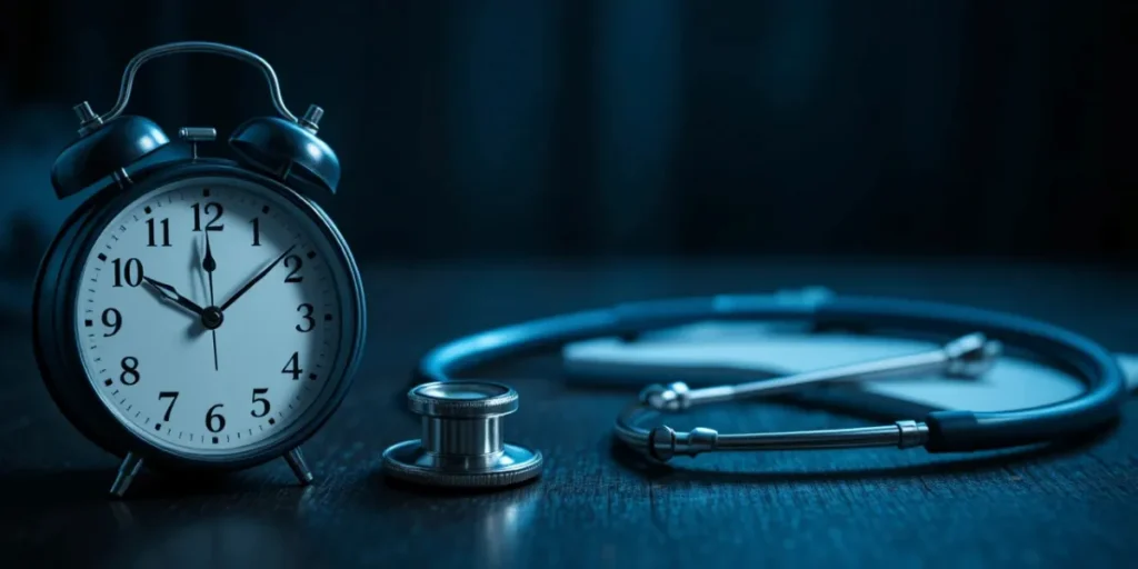 책상 위 청진기와 시계를 통해 정기 검진의 중요성을 강조하는 장면