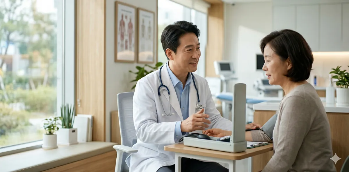 건강검진 결과표를 보며 환자에게 혈압 수치를 설명하는 의사 모습
