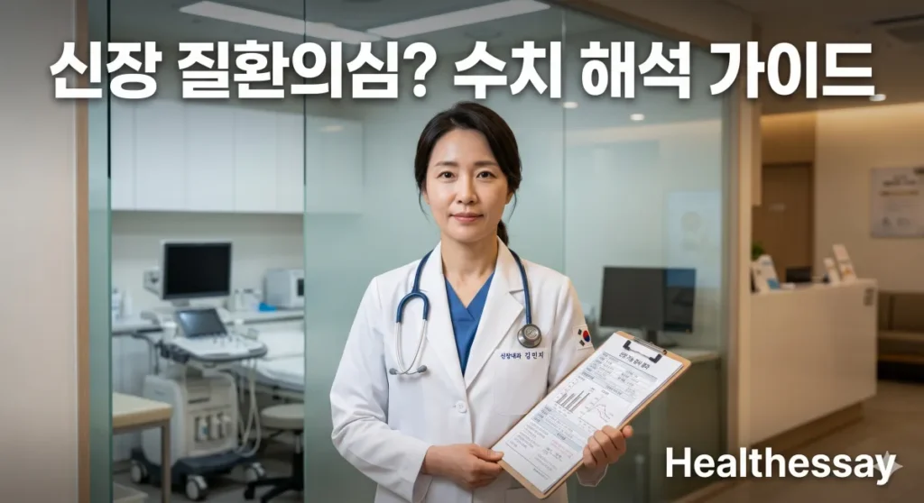 건강검진 신장 질환의심 판정 후 eGFR 수치 결과표를 분석하는 모습