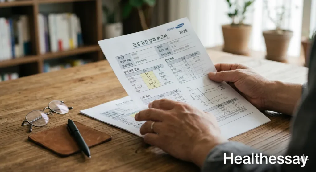 결과지 속 eGFR 수치를 보며 내 신장 등급을 꼼꼼히 살피는 모습