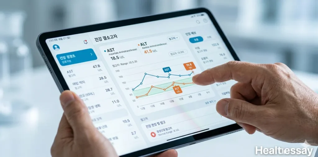 태블릿을 통해 간 효소 수치의 변화와 AST ALT 정상범위 데이터를 분석하는 모습