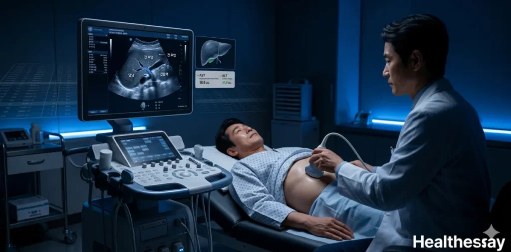 영상의학과에서 간의 상태를 확인하기 위해 초음파 검사를 받는 모습