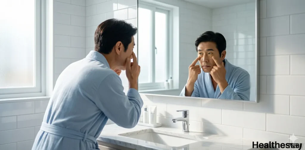 거울을 보며 황달 등 간 기능 저하로 인한 신체 변화를 살피는 모습