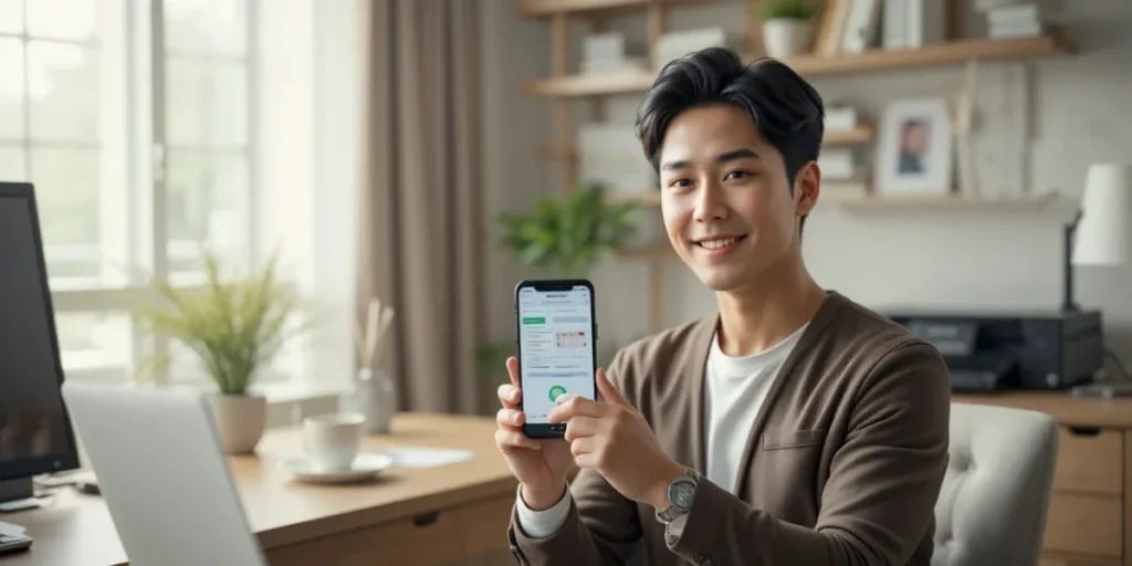 스마트폰으로 건강검진 결과표를 확인하며 프린터 앞에 앉아 있는 모습