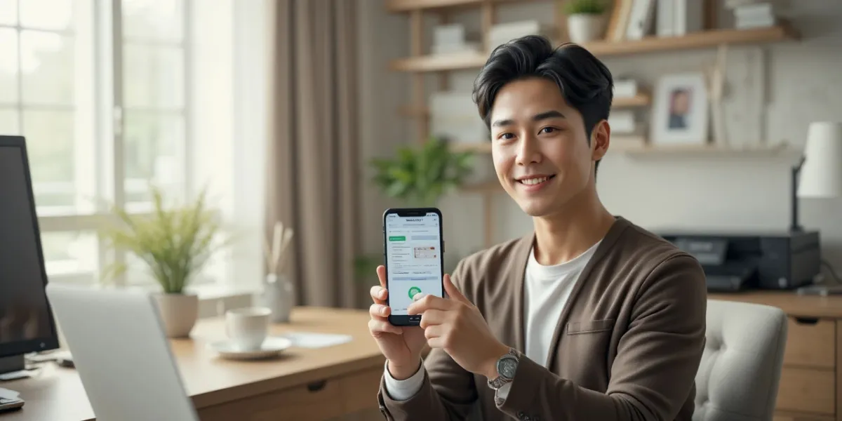 스마트폰으로 건강검진 결과표를 확인하며 프린터 앞에 앉아 있는 모습