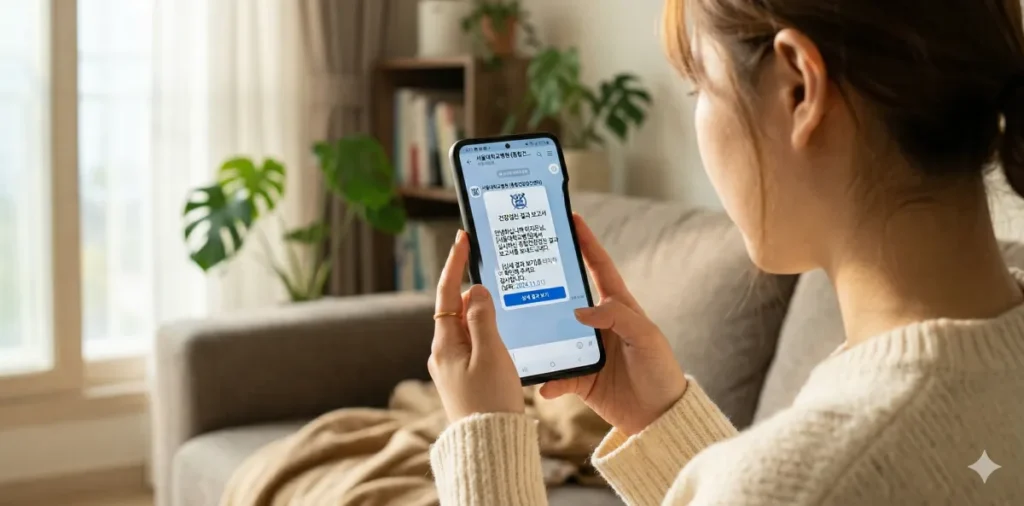 스마트폰 화면에 도착한 건강검진 알림톡을 손으로 터치하는 모습