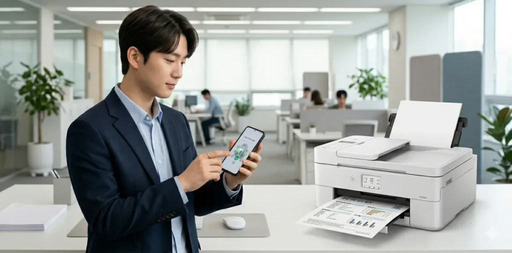 무선 와이파이로 연결된 프린터에서 결과지가 출력 되고 있는 모습