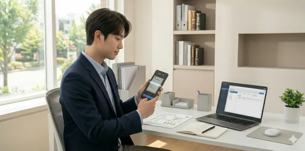 스마트폰 팩스 앱을 사용하여 외부로 서류를 전송하는 남성의 모습