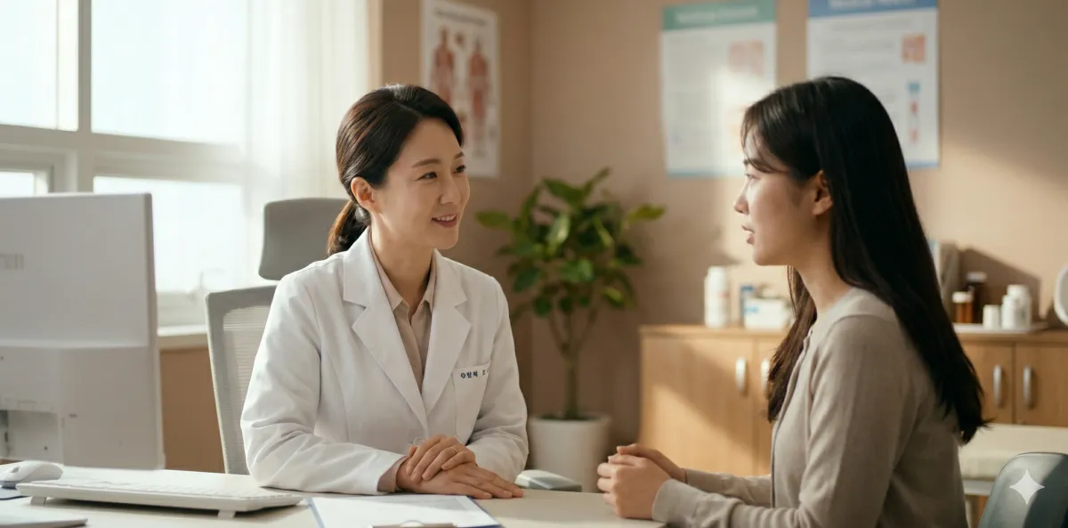 생리 중 국가건강검진 자궁경부암 검사 가능 여부를 의사와 상담하는 모습