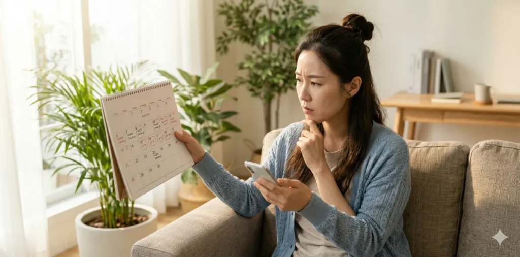 건강검진 일정을 확인하며 달력을 보고 고민하는 여성 모습
