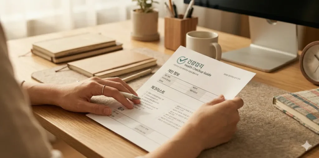 검진 안내문을 꼼꼼히 읽으며 주의사항을 체크하는 모습