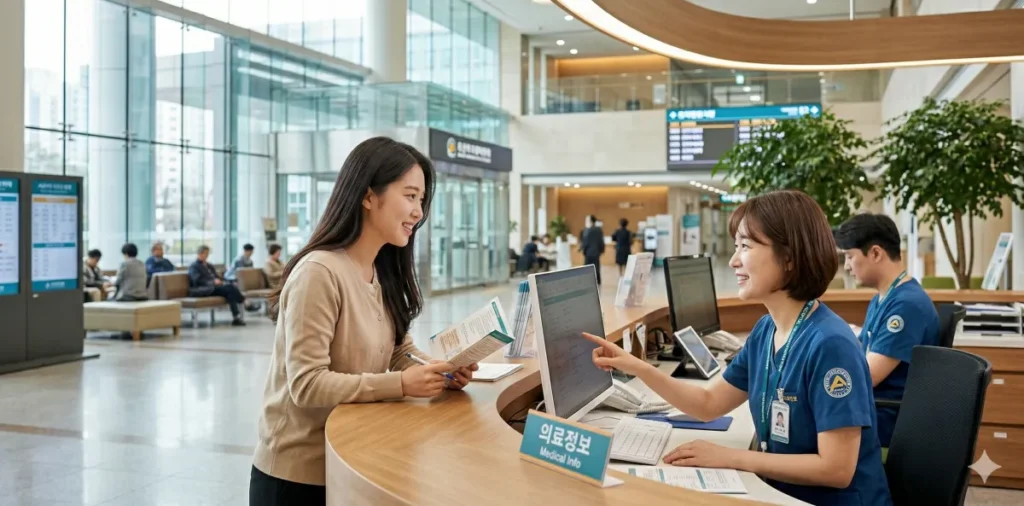 병원 로비에서 안내 직원에게 검진 절차를 묻고 경청하는 장면