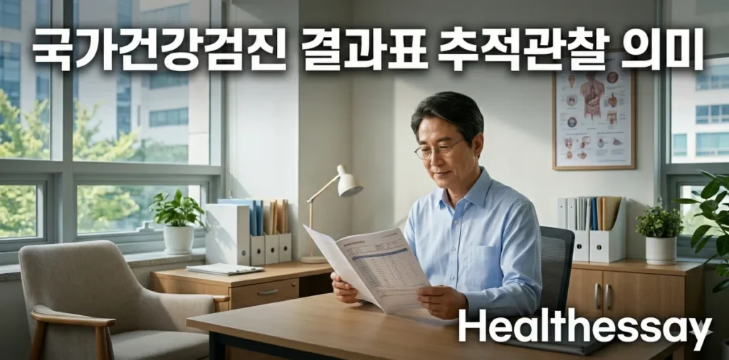 국가건강검진 결과표 추적관찰 의미를 확인하며 안심하는 모습