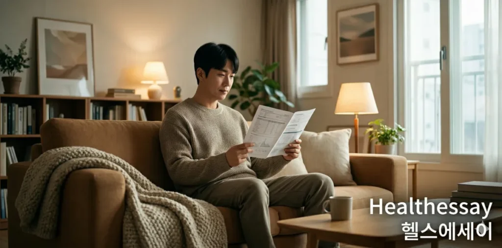 국가건강검진 결과표 추적관찰 의미를 거실에서 신중히 검토하는 모습