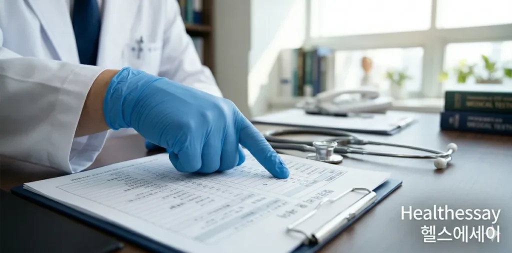 국가건강검진 재검사 주기 차이를 결과지 수치를 짚으며 상세한 상담을 받는 모습