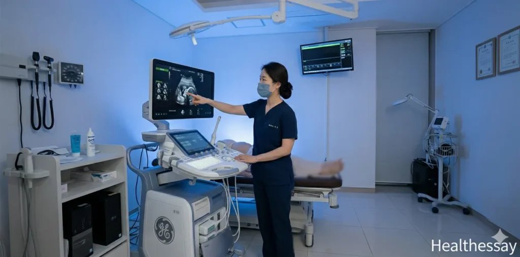 초음파 검사실에서 정밀 모니터를 통해 상태를 확인하는 모습