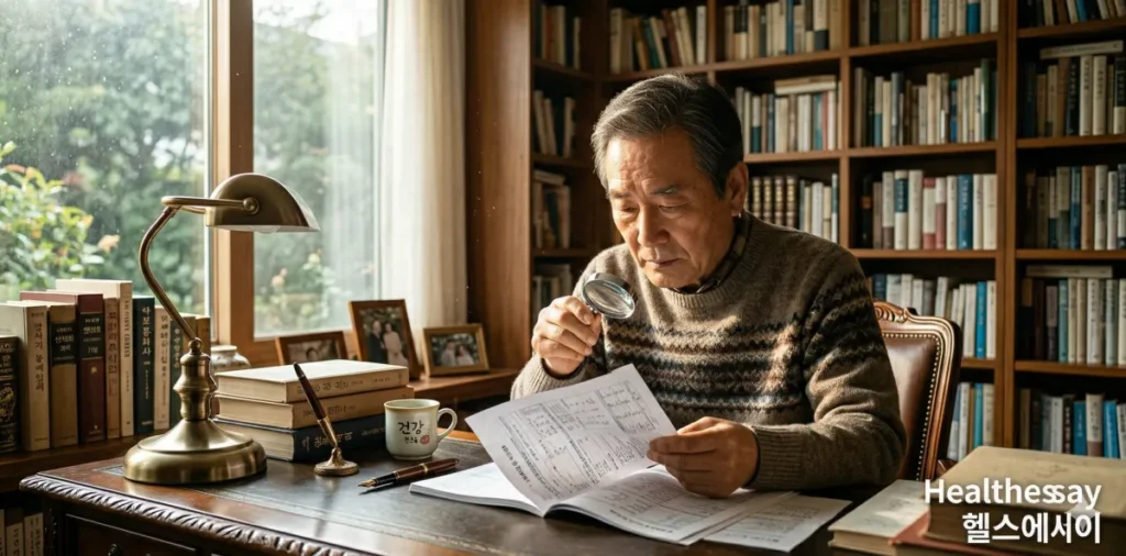 서재에서 돋보기를 활용해 건강검진 결과표 추적관찰 주의사항을 확대해서 보는 모습