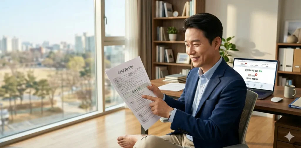 재발급받은 검진 결과표를 읽고 있는 중년 남성의 모습