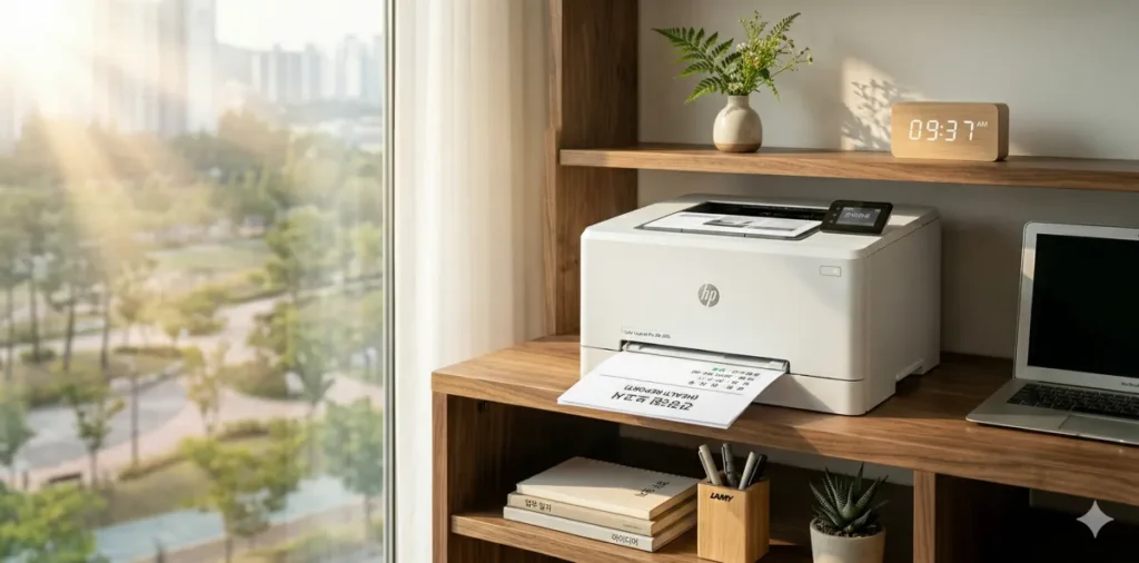 프린터에서 재발급한 국가건강검진 결과표가 인쇄되어 나오는 모습