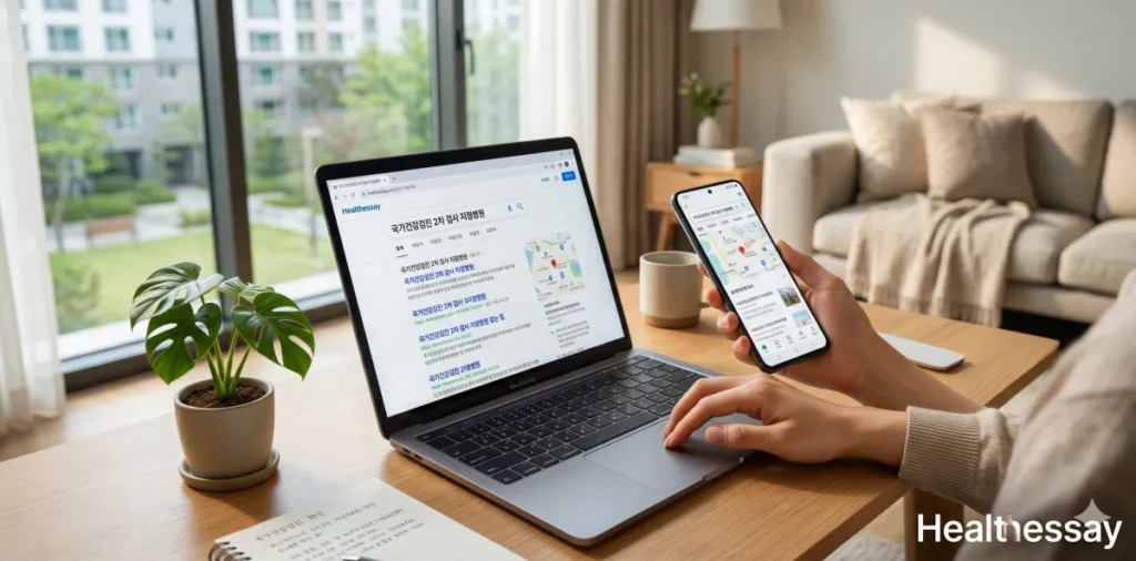 스마트폰과 노트북으로 내 주변 검진 가능 기관을 검색하는 모습