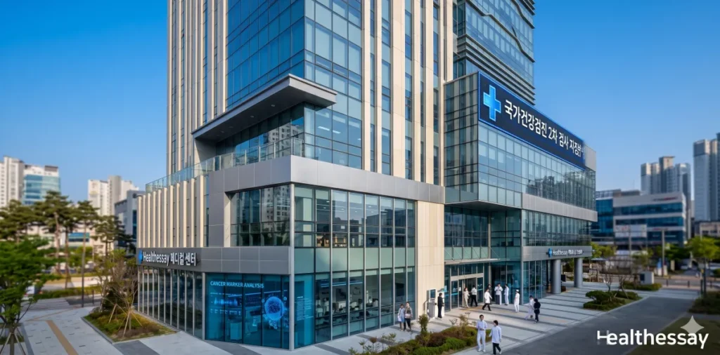 지정병원 마크가 부착된 현대적인 내과 건물을 바라보는 모습