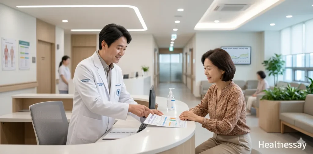병원 데스크에서 2차 검사 예약과 절차에 대해 문의하는 모습