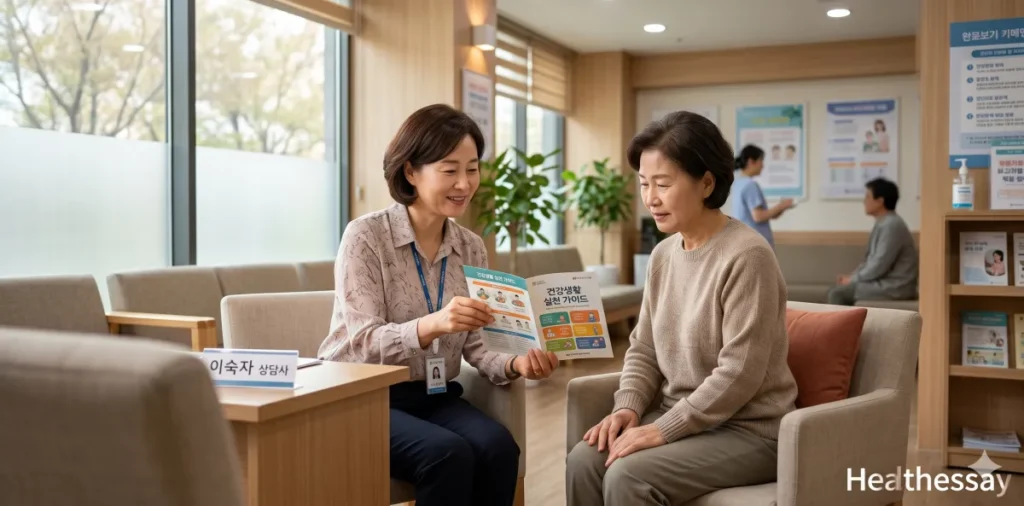 보건소 관계자에게 확진 후 건강 관리 혜택에 대해 설명을 듣는 모습