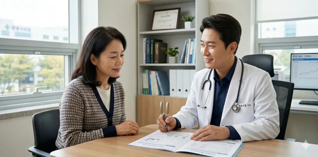 국가건강검진 결과를 중년 여성에게 설명하는 의사의 모습