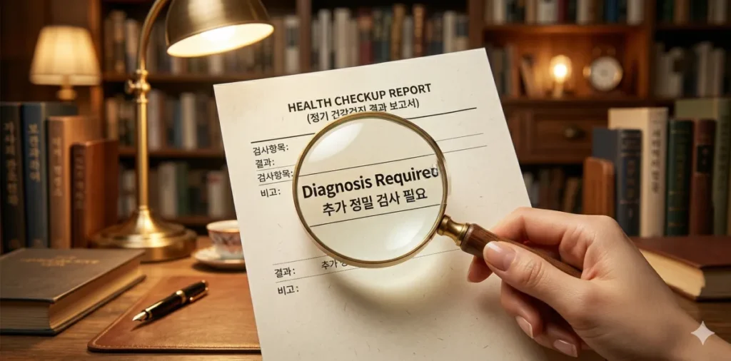 책상 위에서 국가건강검진 결과지를 돋보기로 확인하는 모습