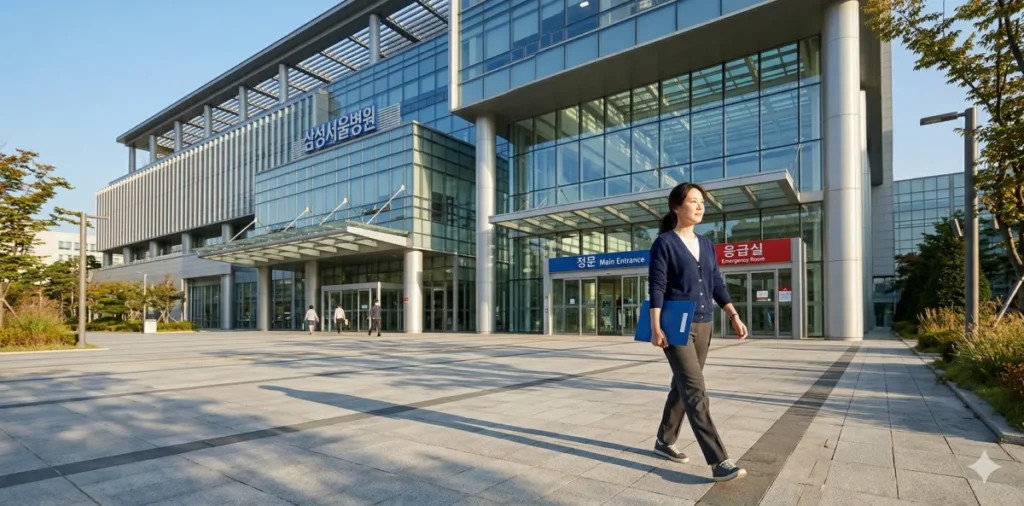 아침 햇살을 받으며 대형 병원으로 들어가는 예약자의 모습