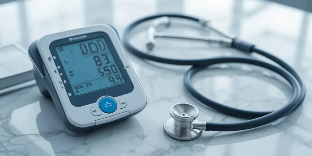 테이블 위에 혈압계와 혈당 측정기가 놓인 모습