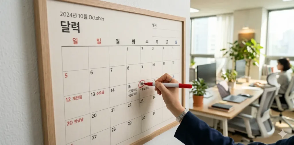 사무실 달력에 펜으로 검사 예정일을 표시하는 모습