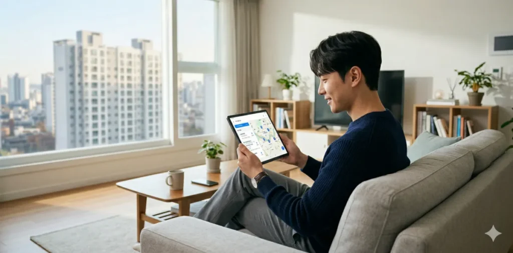 거실 소파에 앉아 태블릿으로 병원 위치를 검색하는 모습