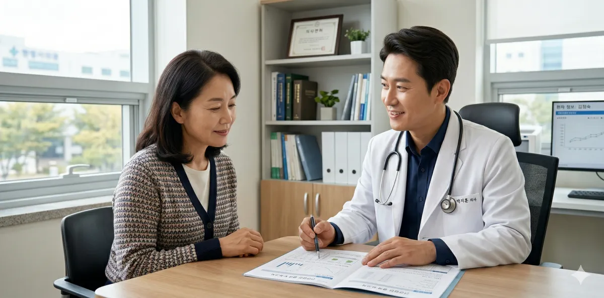 국가건강검진 결과를 중년 여성에게 설명하는 의사의 모습